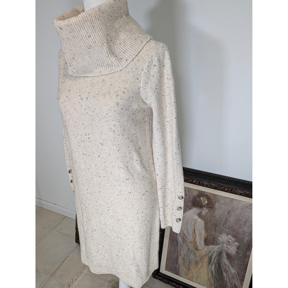 LOFT Women's Cream Speckled Turtleneck Long Sleeve Sweater Dress‎ Button Cuff S - Picture 3 of 8